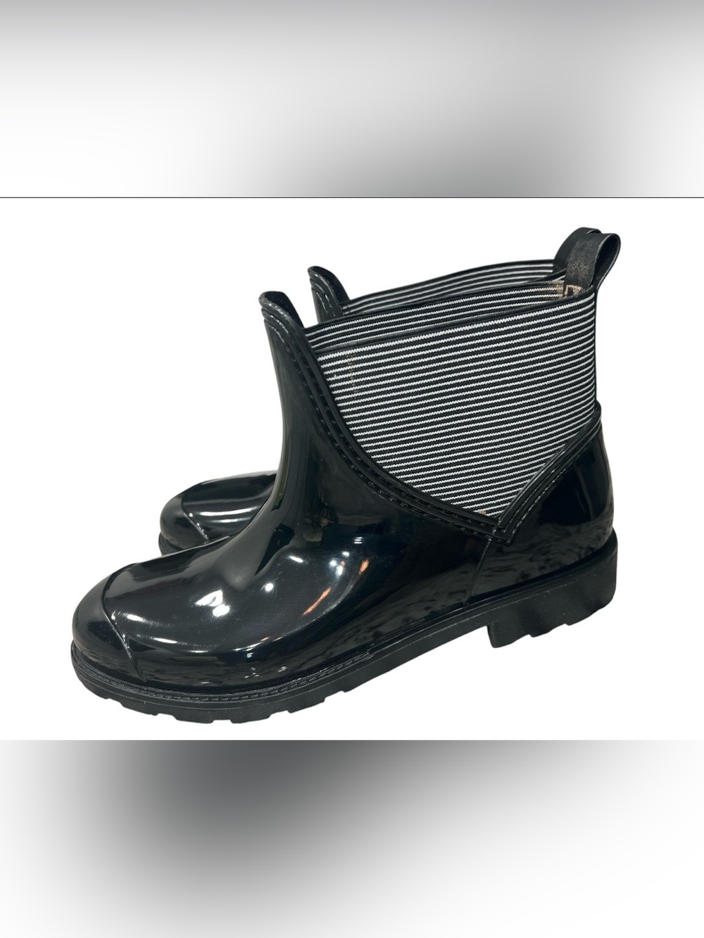 Charter Club Black Gloss Chelsea Rain Ankle Boots with Striped Elastic